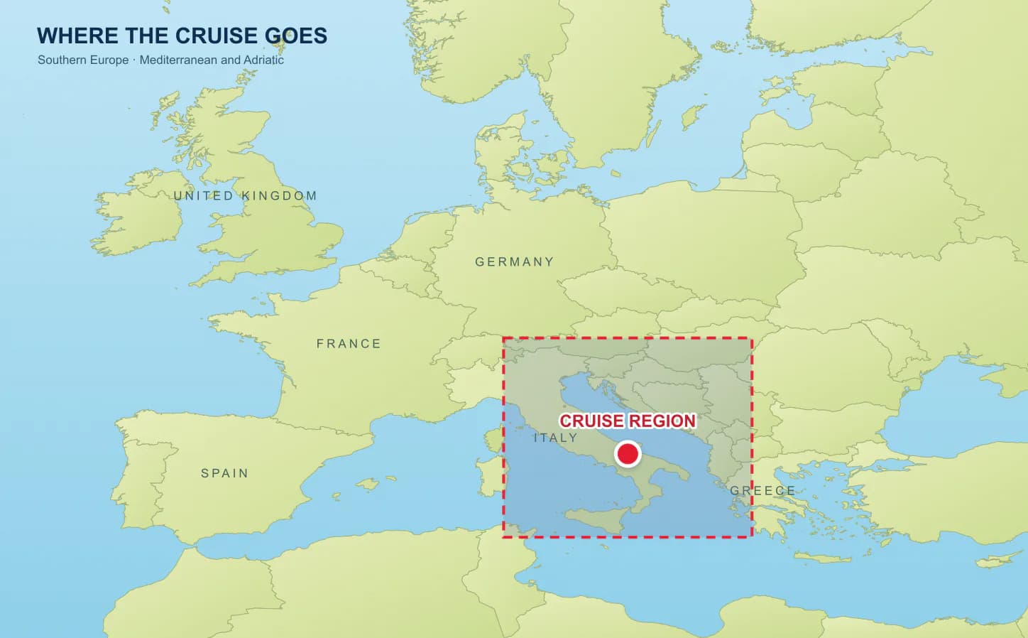 Regional map showing the Desire Rome–Trieste Cruise September 2028 sailing area in southern Europe.