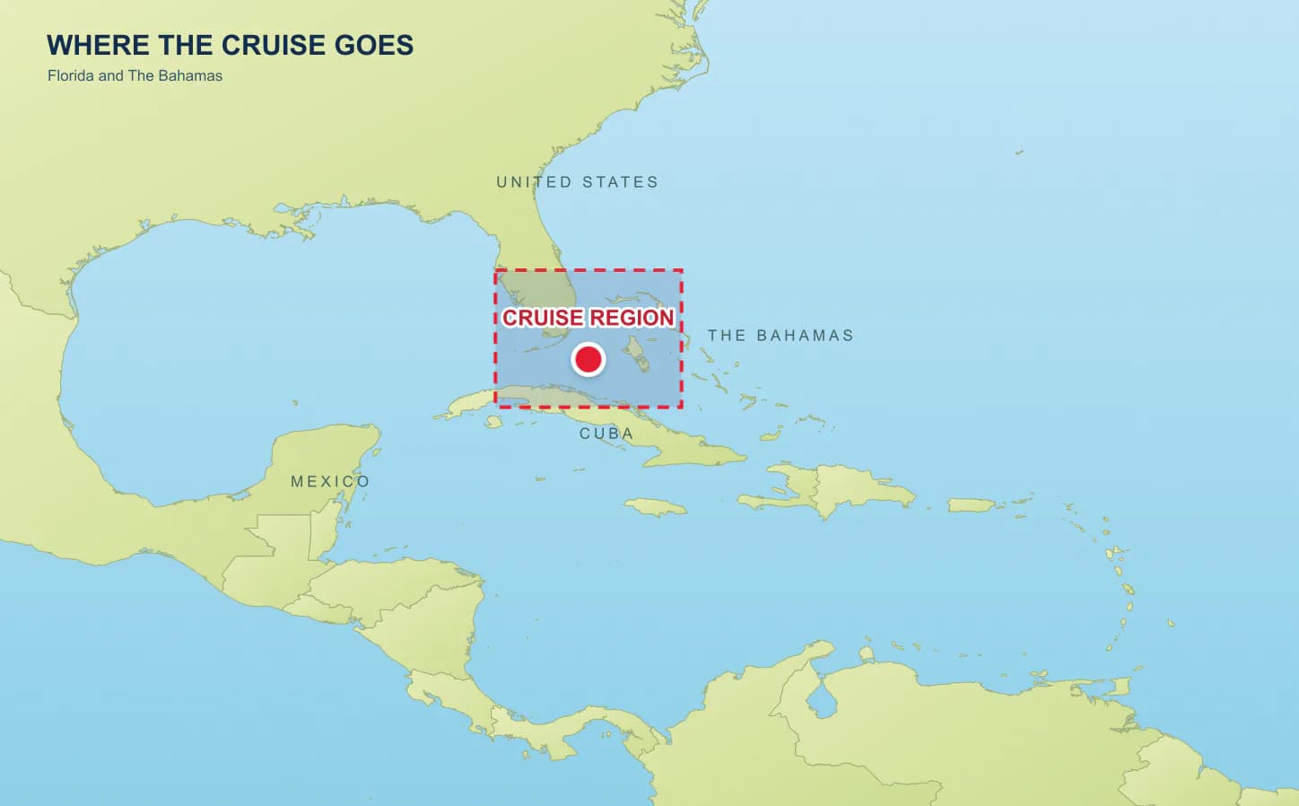 Regional map showing the Temptation Caribbean Cruise October 2026 sailing area around Florida and The Bahamas.