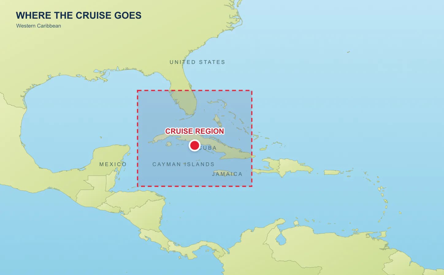 Regional map showing the Temptation Caribbean Cruise October 2027 sailing area in the western Caribbean.