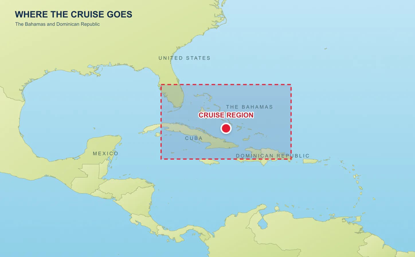 Regional map showing the Temptation Caribbean Cruise November 2028 sailing area between Miami, The Bahamas and the Dominican Republic.