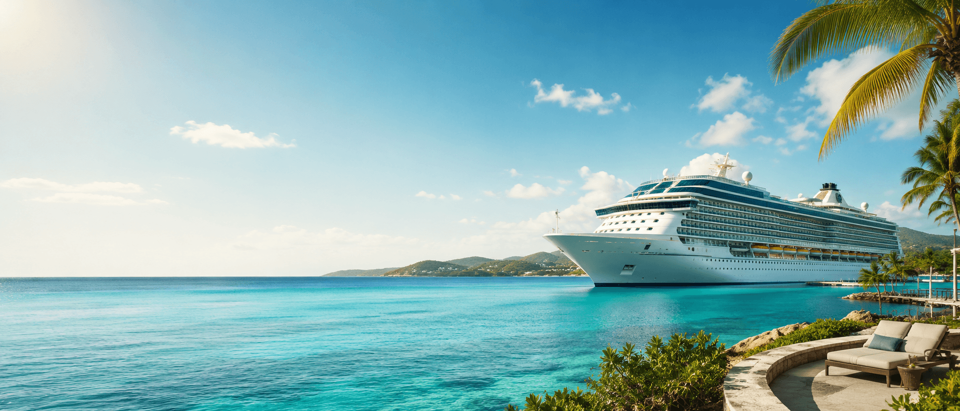 Modern cruise ship beside turquoise Caribbean water